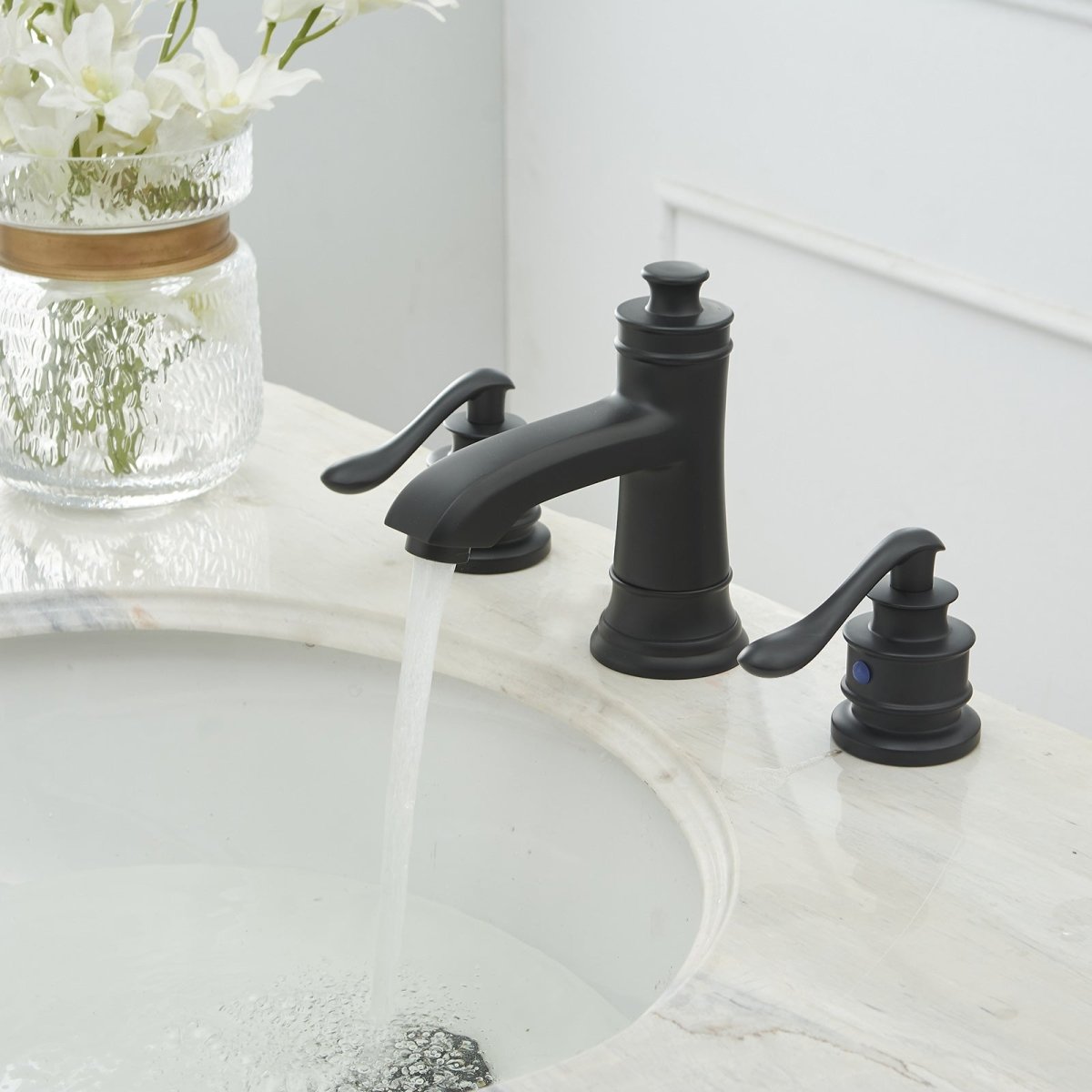 8 in Double Handle Bathroom Faucet With Drain Assembly Black - buyfaucet.com