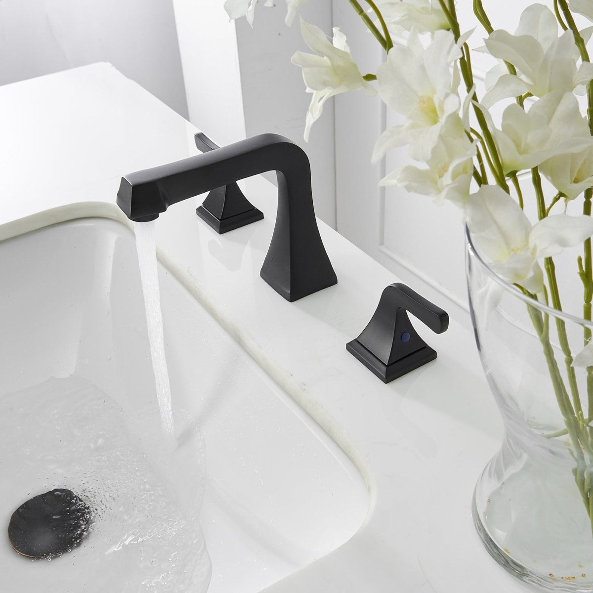 8 in Double Handle Bathroom Faucet with Drain Matte Black - buyfaucet.com
