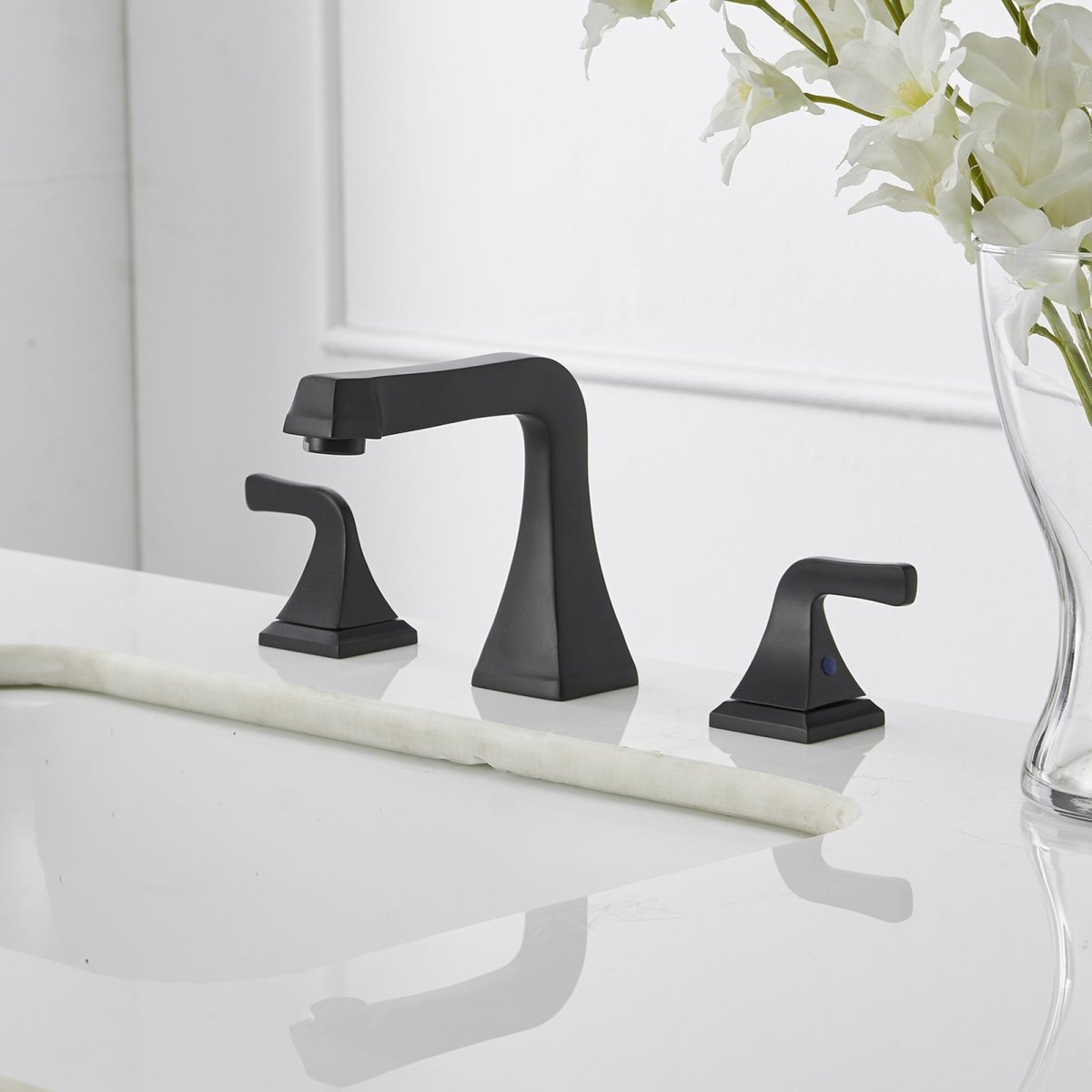 8 in Double Handle Bathroom Faucet with Drain Matte Black - buyfaucet.com