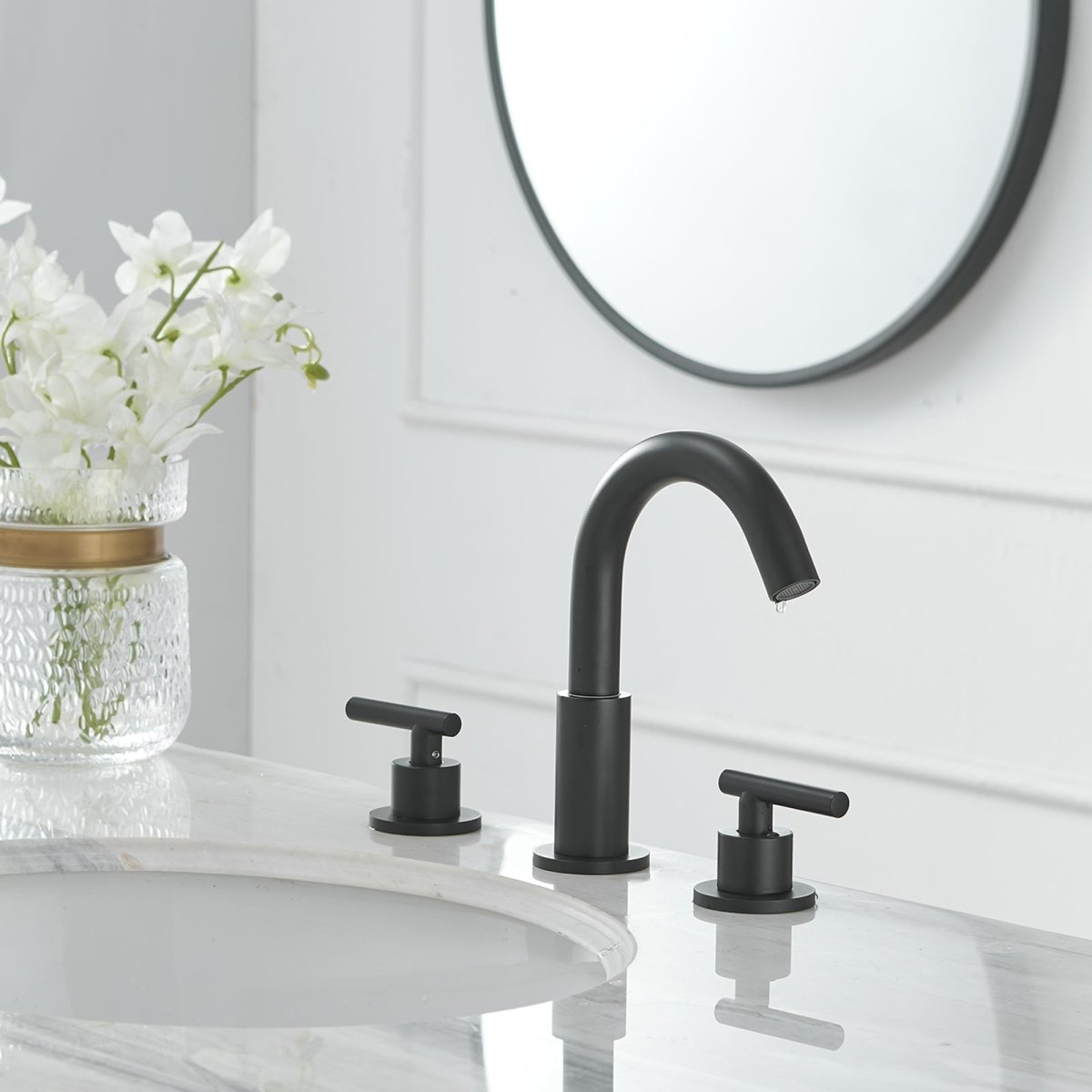 8 in Double Handle Bathroom Faucet With Drain Matte Black - buyfaucet.com