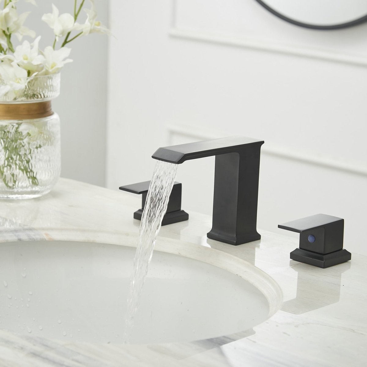 8 in Double Handle Bathroom Faucet with Drain Matte Black - buyfaucet.com