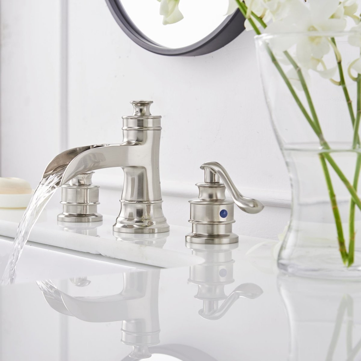 8 in Double Handle Waterfall Bathroom Faucet Brushed Nickel-1 - buyfaucet.com