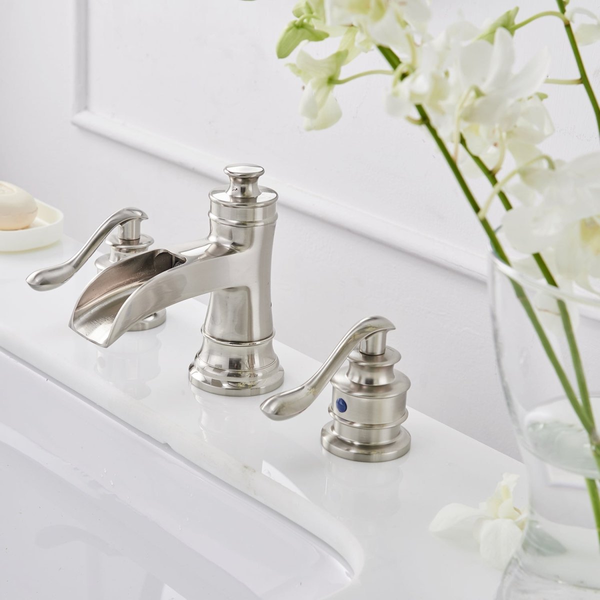 8 in Double Handle Waterfall Bathroom Faucet Brushed Nickel - buyfaucet.com