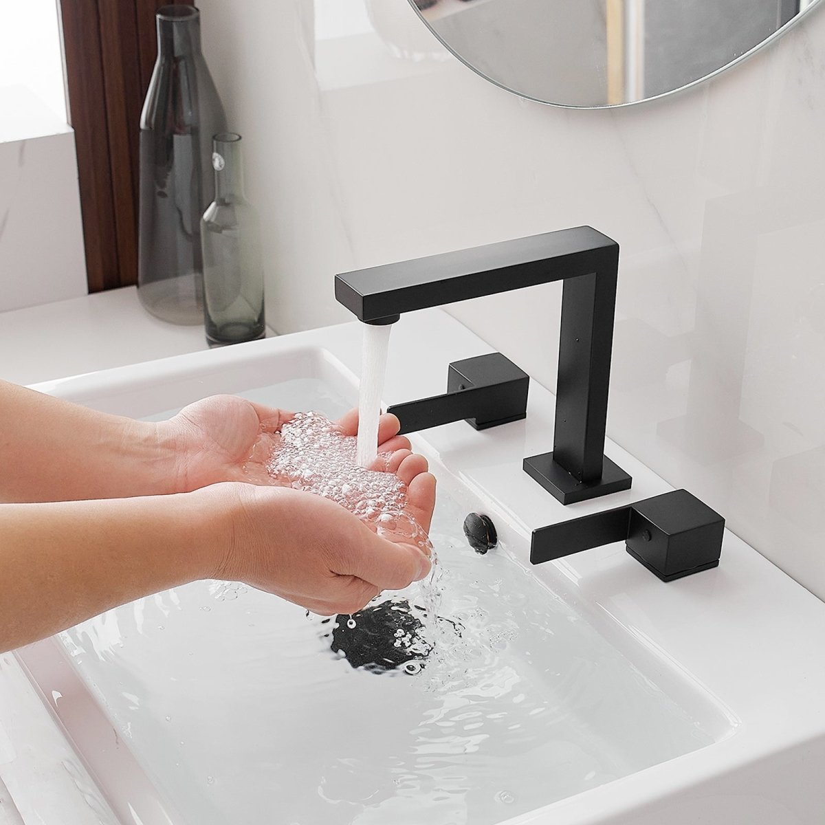 8 in. Water-Saving with Drain Kit Bathroom Faucet Matte Black - buyfaucet.com