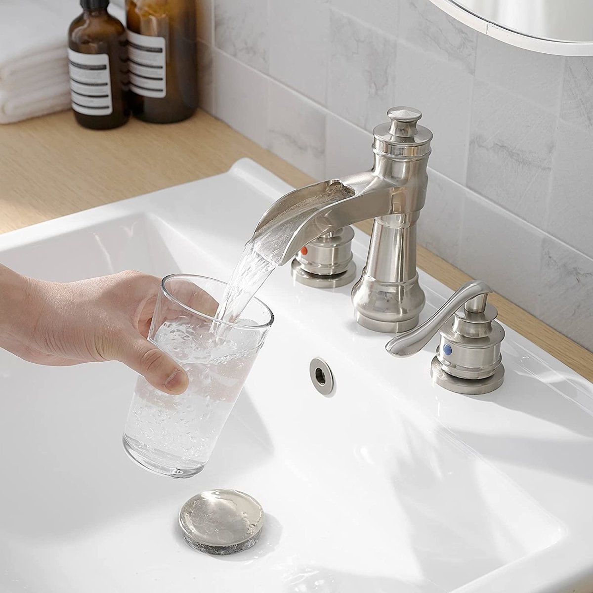 8 in Waterfall 2-Handle Bathroom Faucet Brushed Nickel-1 - buyfaucet.com