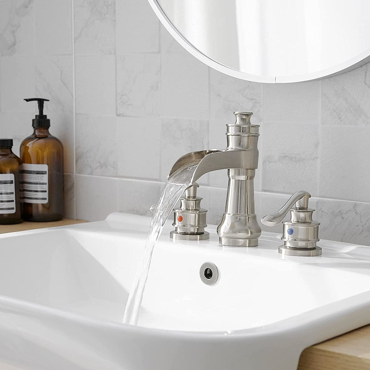8 in Waterfall 2-Handle Bathroom Faucet Brushed Nickel-1 - buyfaucet.com