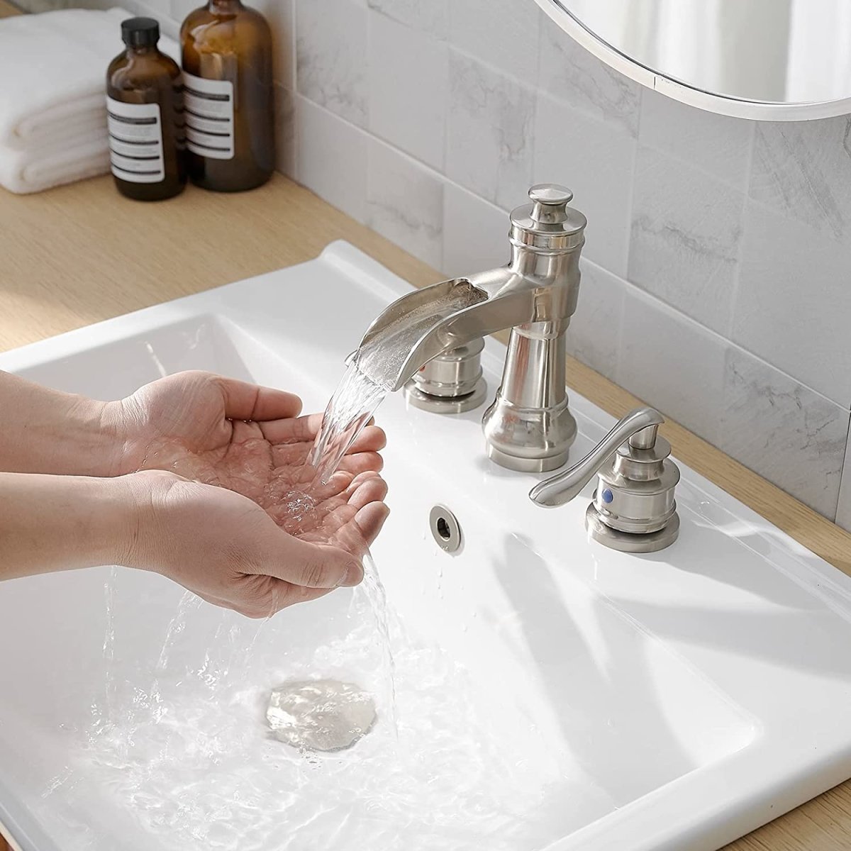 8 in Waterfall 2-Handle Bathroom Faucet Brushed Nickel-1 - buyfaucet.com