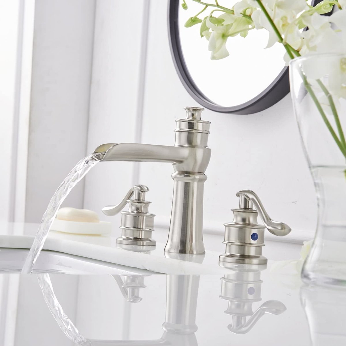 8 in Waterfall 2-Handle Bathroom Faucet Brushed Nickel - buyfaucet.com