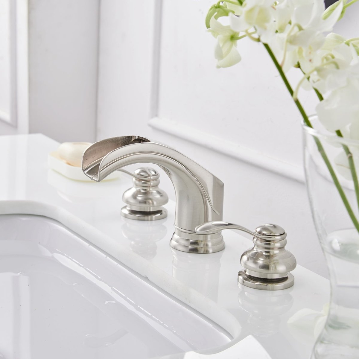 8 in Waterfall 2-Handle Bathroom Faucet In Brushed Nickel - buyfaucet.com