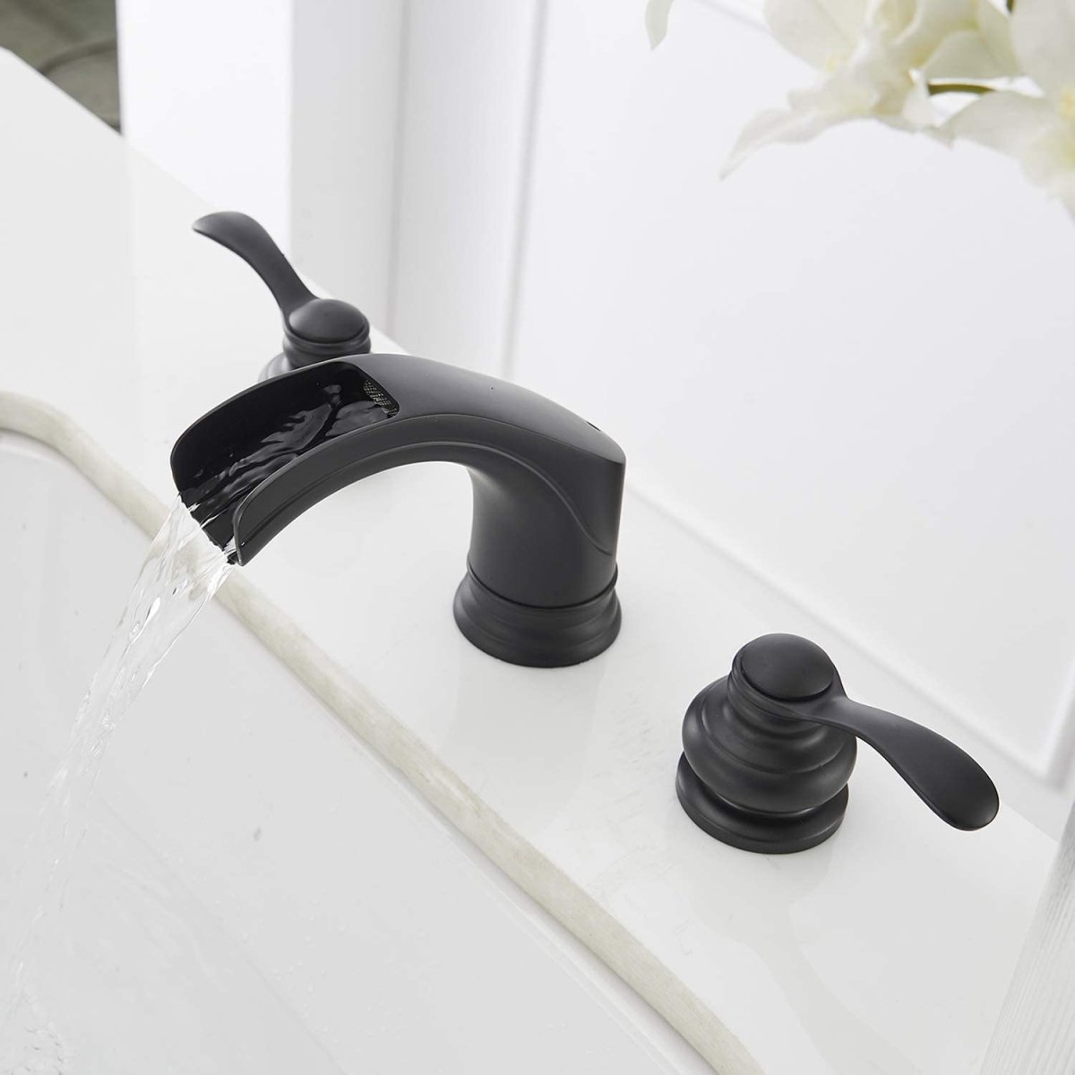8 in Waterfall 2-Handle Bathroom Faucet With Drain Black - buyfaucet.com