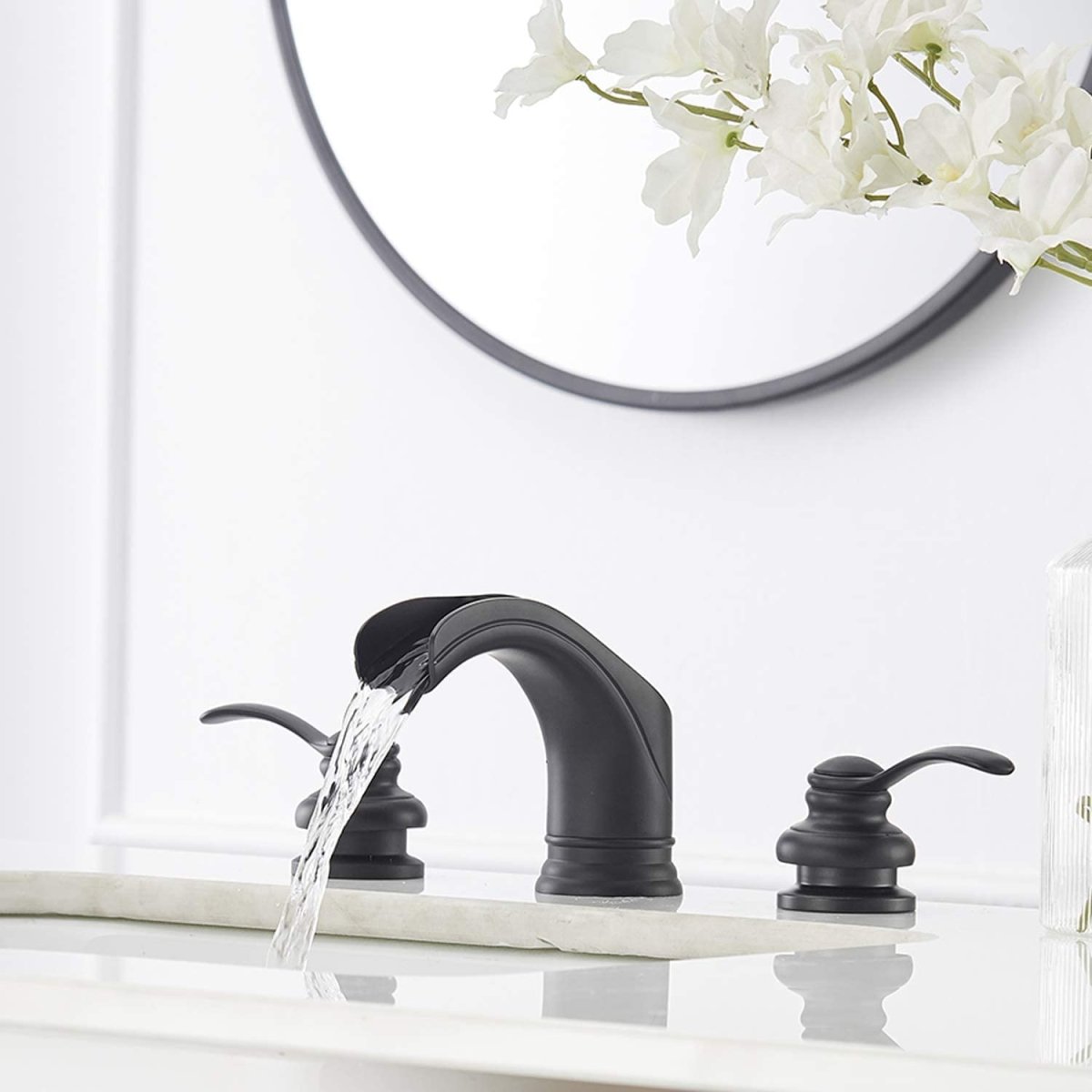 8 in Waterfall 2-Handle Bathroom Faucet With Drain Black - buyfaucet.com