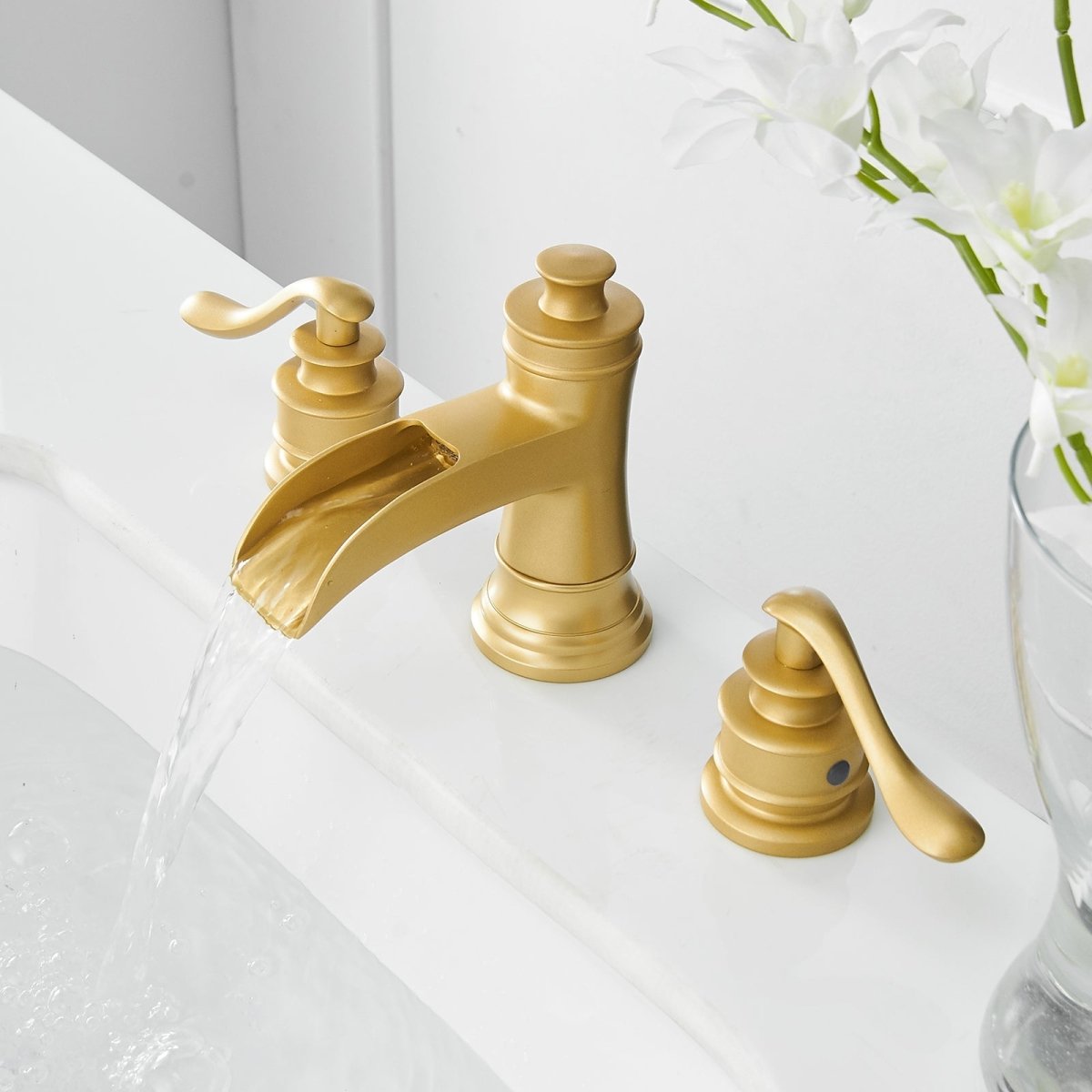 8 in Waterfall 2-Handle Bathroom Faucet with Drain Gold - buyfaucet.com