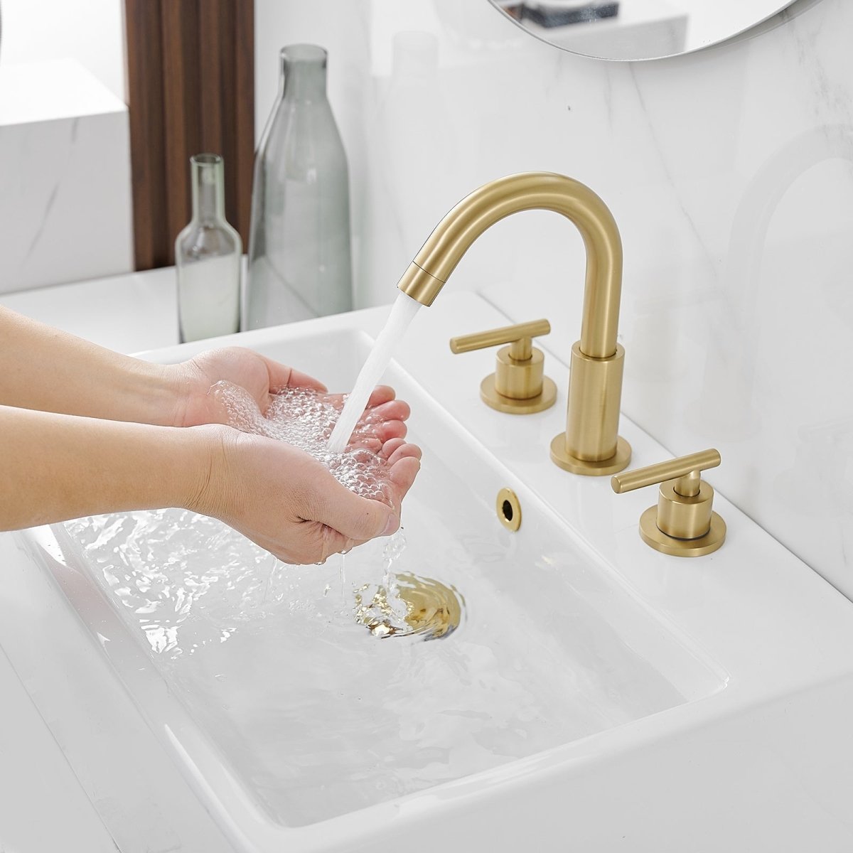 8 in. Widespread 2-Handle Mid-Arc Bathroom Faucet Brushed Gold - buyfaucet.com