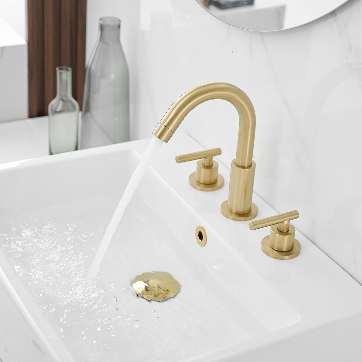 8 in. Widespread 2-Handle Mid-Arc Bathroom Faucet Brushed Gold - buyfaucet.com