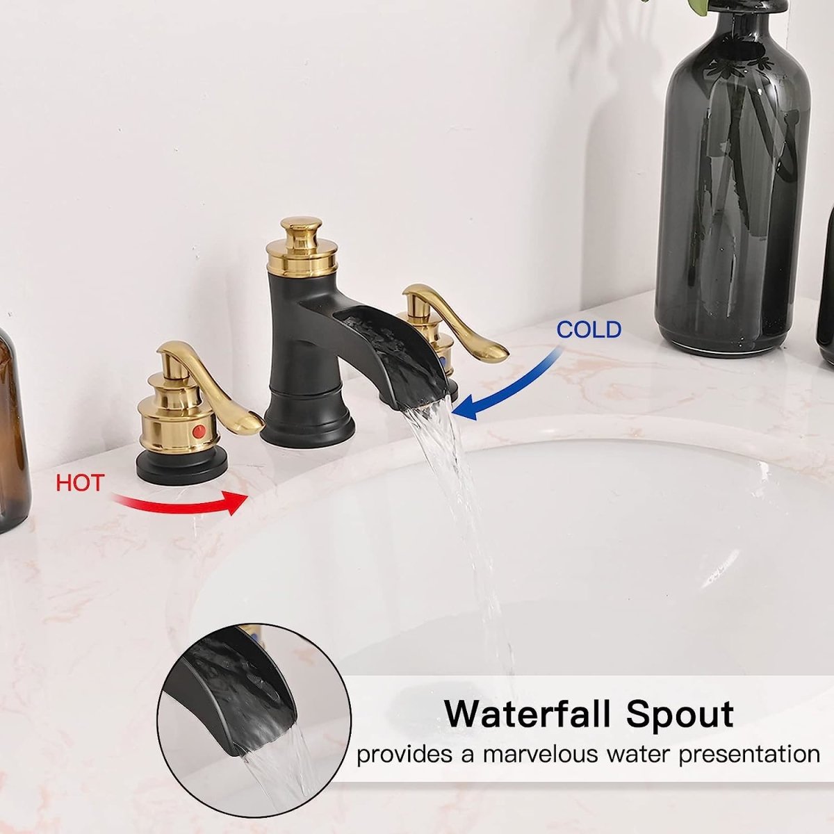 8 Inch Waterfall Widespread Bathroom Faucet Matte Black Gold - buyfaucet.com