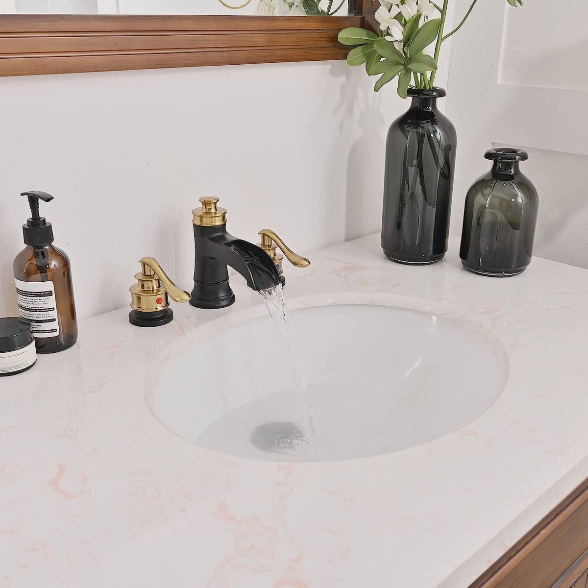 8 Inch Waterfall Widespread Bathroom Faucet Matte Black Gold - buyfaucet.com