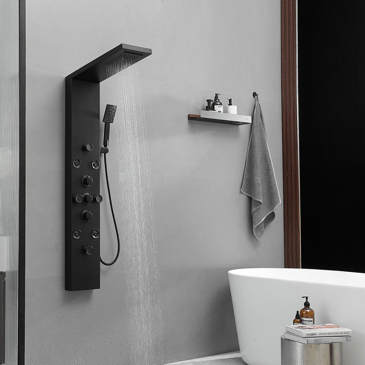 8-Jet Rainfall Shower Panel System in Stainless Steel Black - buyfaucet.com