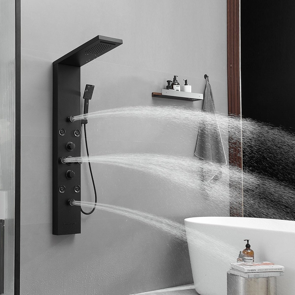 8-Jet Rainfall Shower Panel System in Stainless Steel Black - buyfaucet.com
