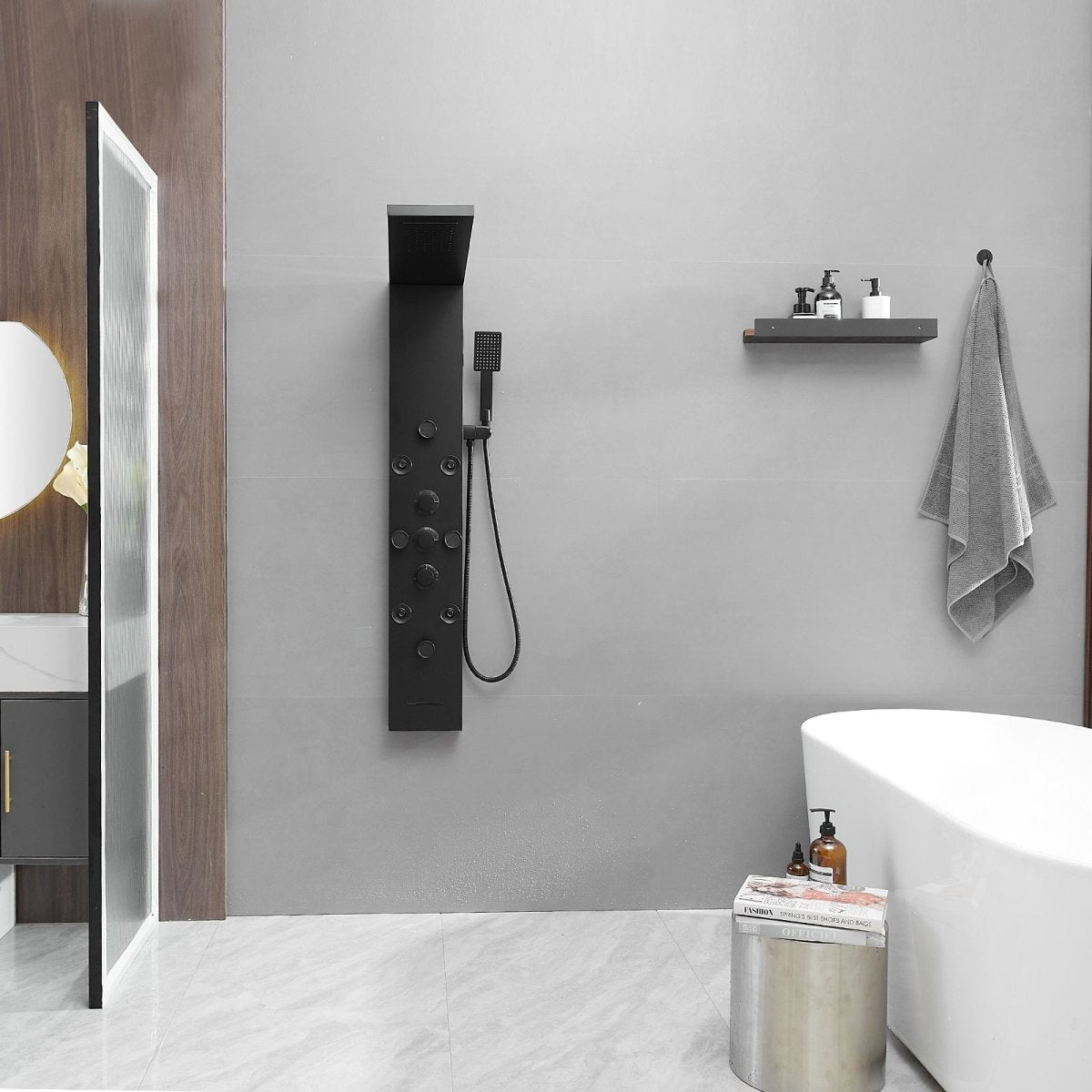 8-Jet Rainfall Shower Panel System in Stainless Steel Black - buyfaucet.com