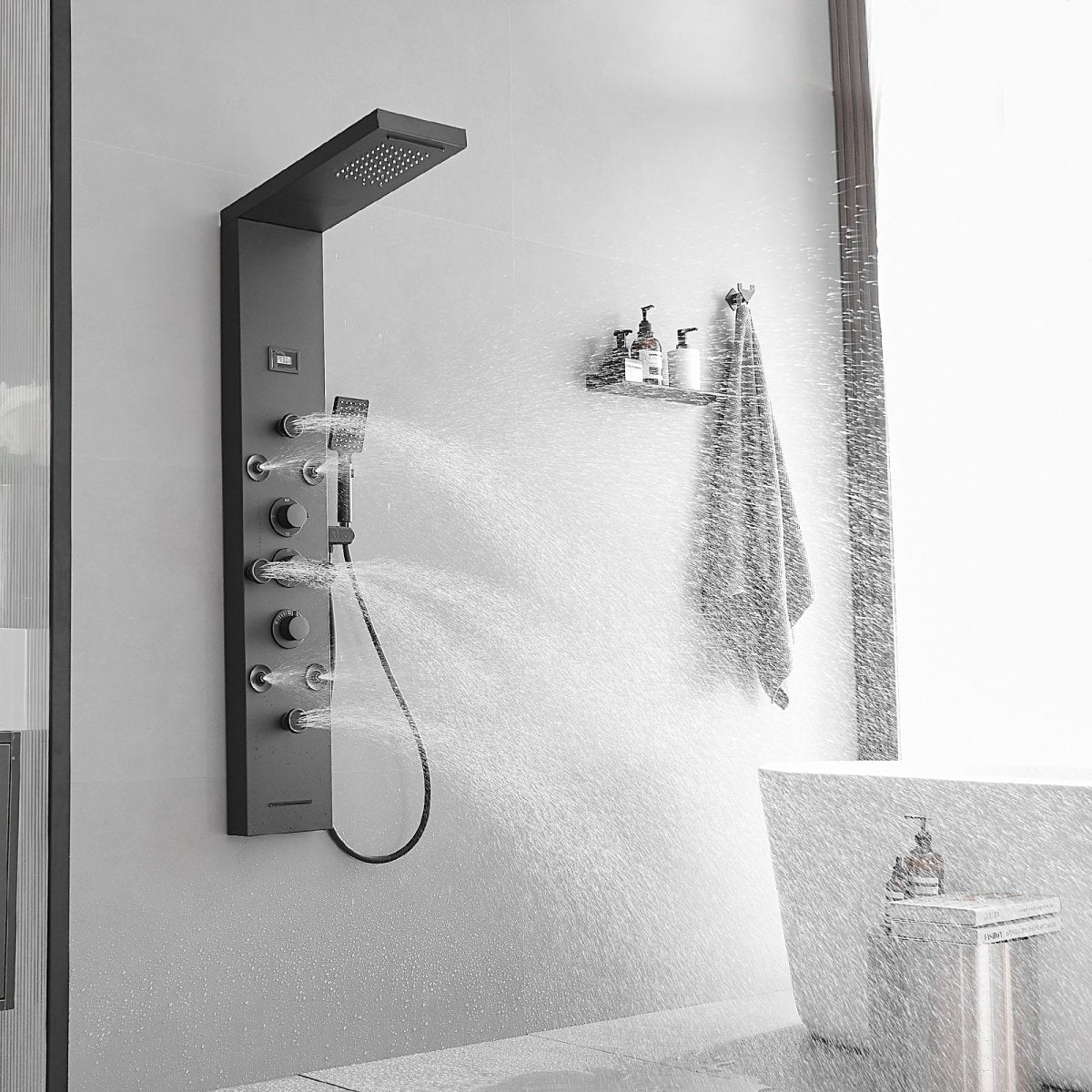 8-Jet Rainfall Shower Panel System in Stainless Steel Black - buyfaucet.com