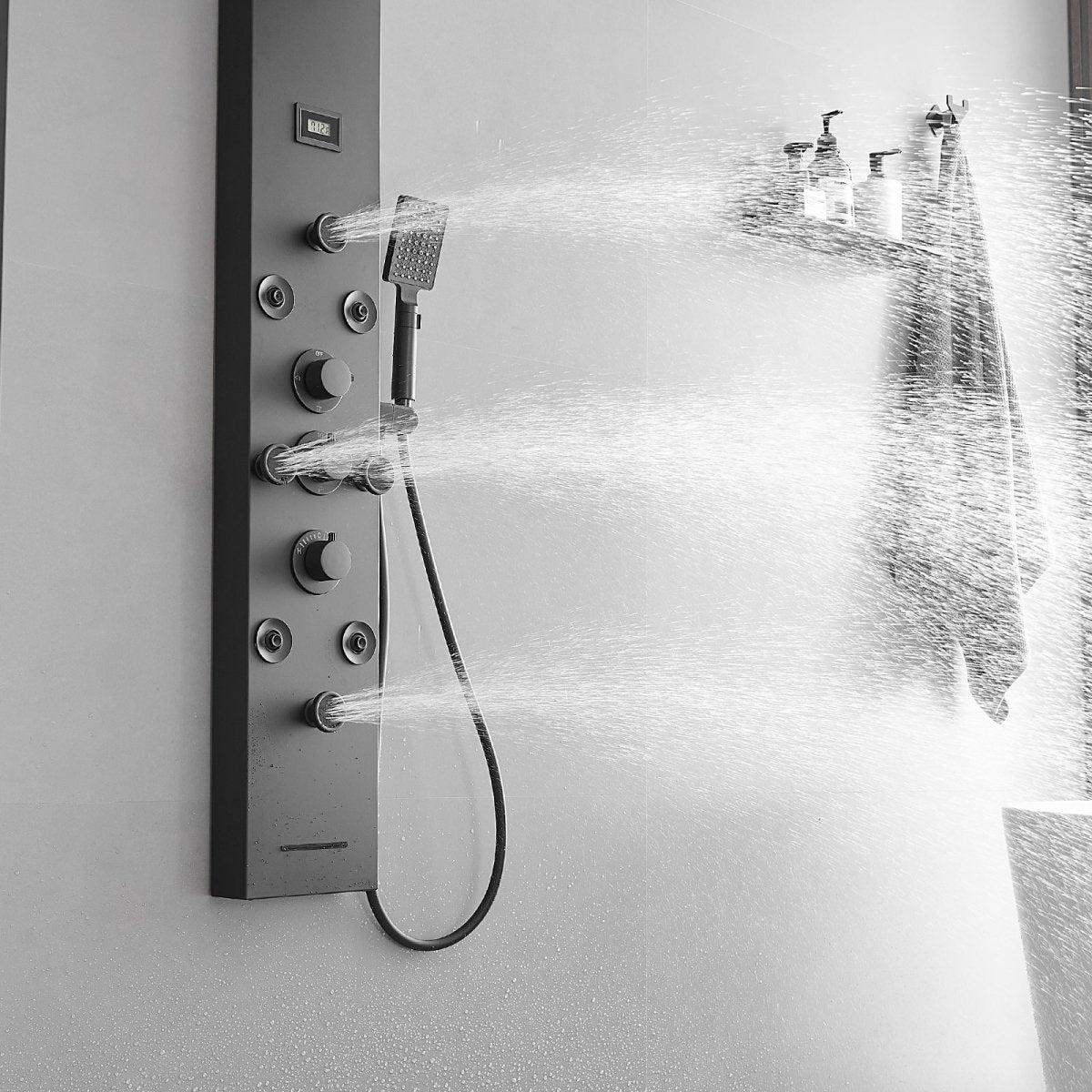 8-Jet Rainfall Shower Panel System in Stainless Steel Black - buyfaucet.com