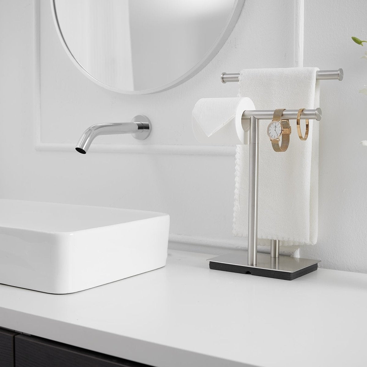 Freestanding Toilet Paper Holder with Double T-Shape in Nickel - buyfaucet.com