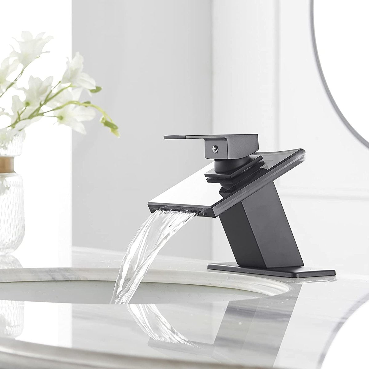 Glass Spout Waterfall Single Hole Bathroom Faucet Black - buyfaucet.com