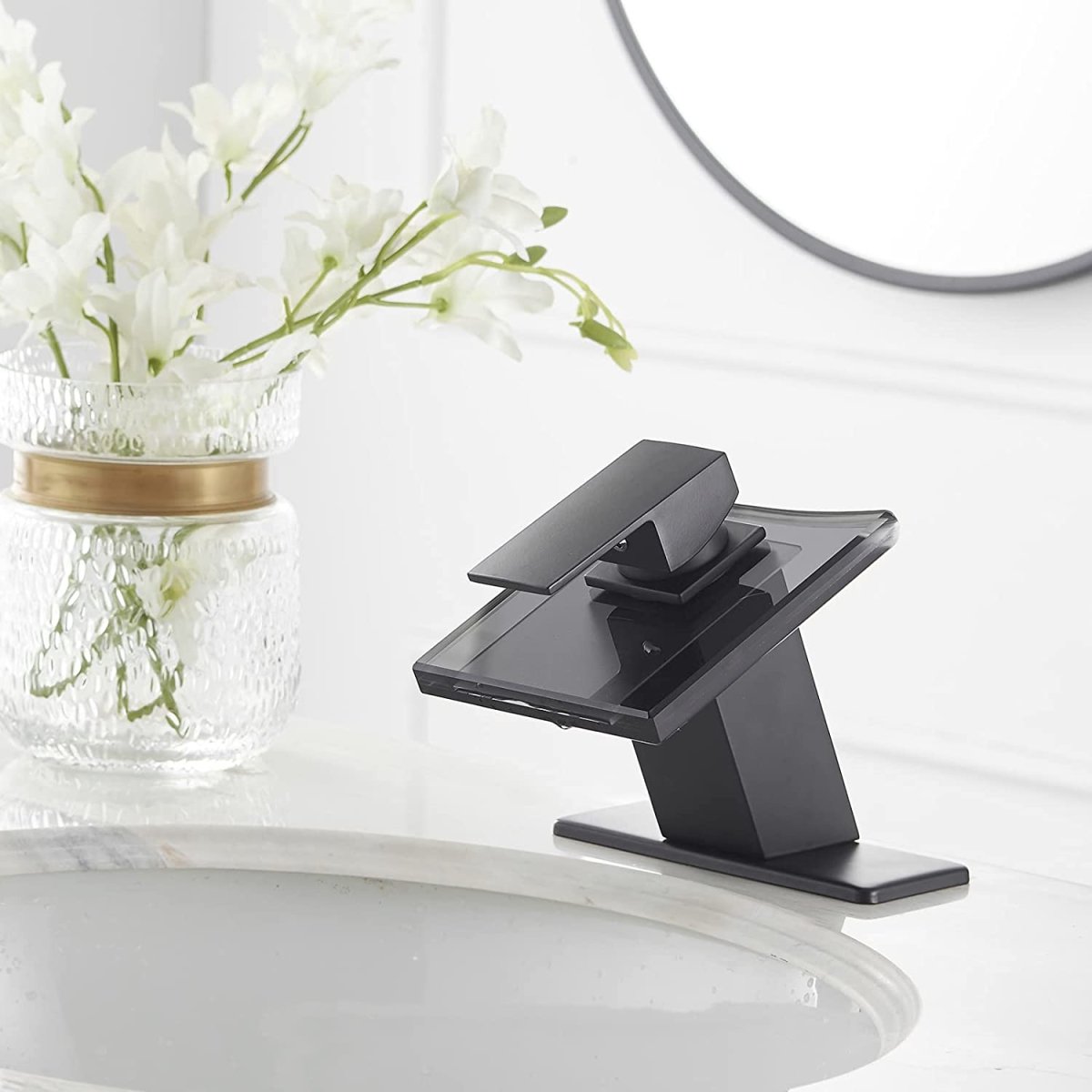 Glass Spout Waterfall Single Hole Bathroom Faucet Black - buyfaucet.com