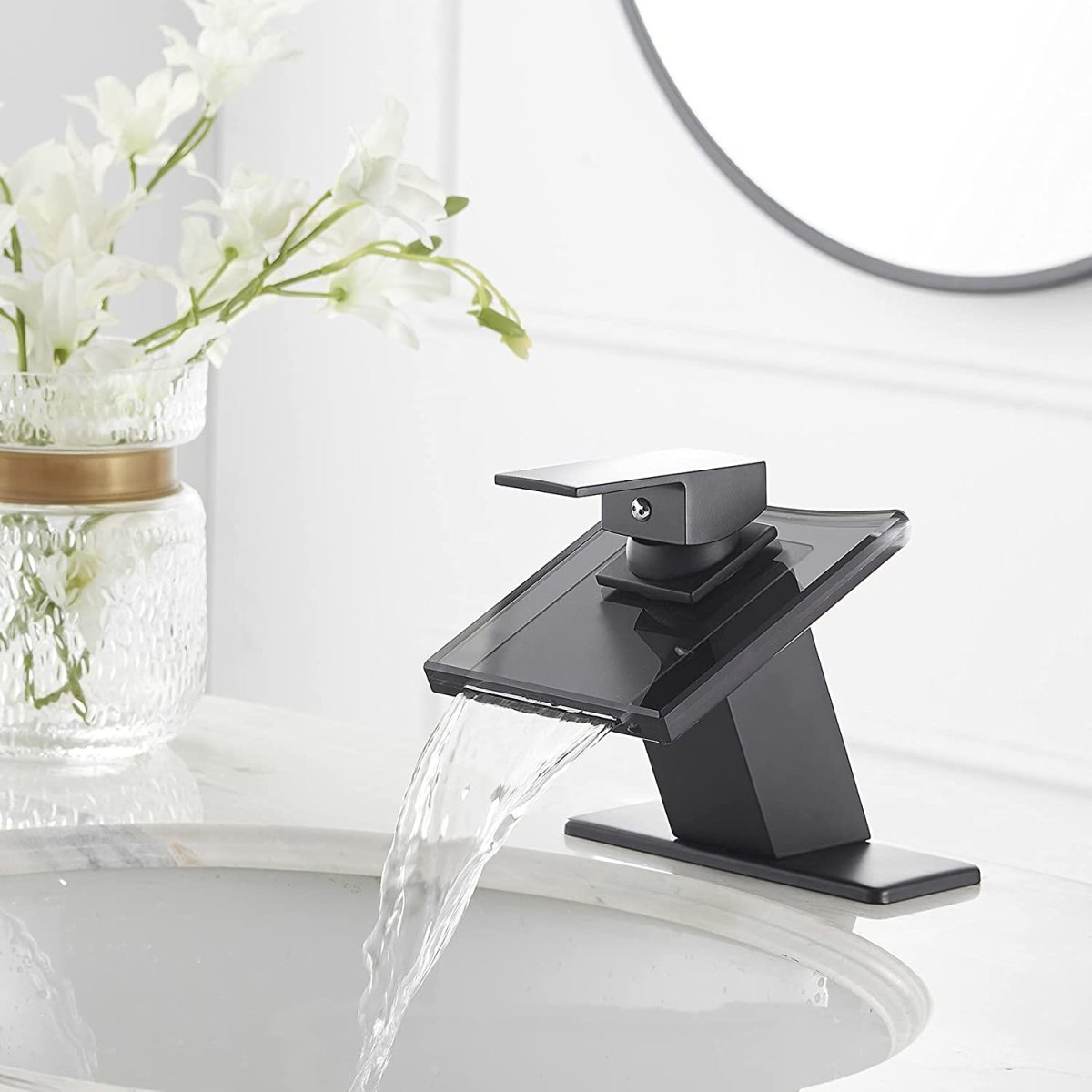 Glass Spout Waterfall Single Hole Bathroom Faucet Black - buyfaucet.com