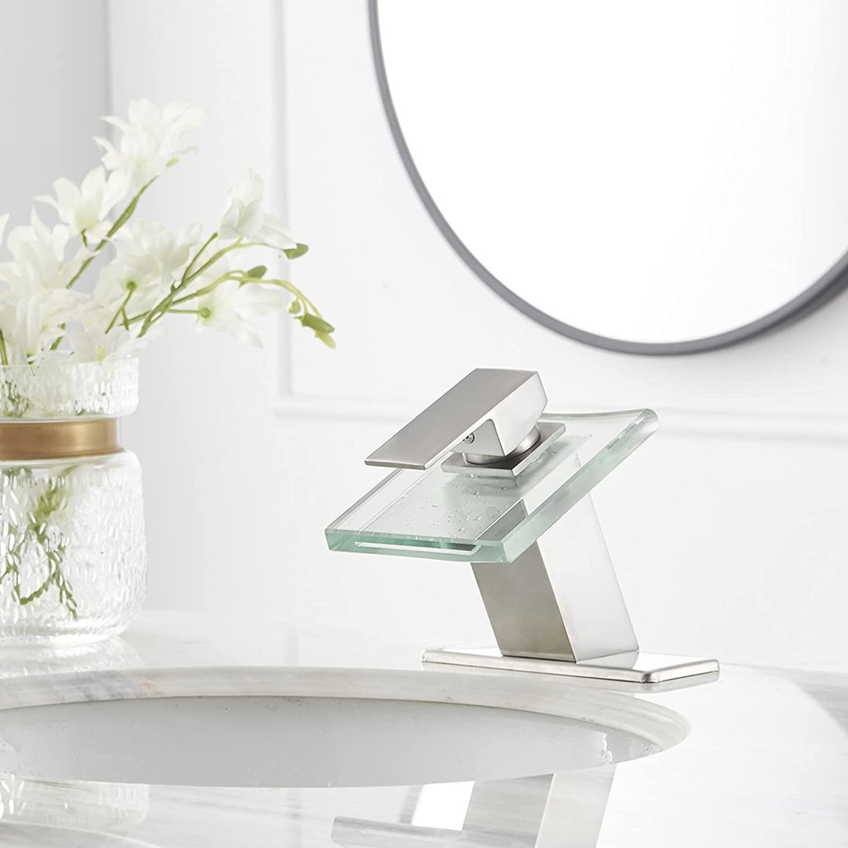 Glass Spout Waterfall Single Hole Bathroom Faucet Nickel - buyfaucet.com