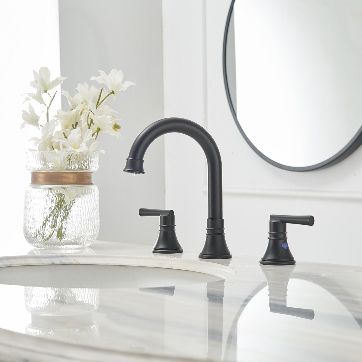 J-Spout 8 in 2-Handle Bathroom Sink Faucet in Matte Black - buyfaucet.com