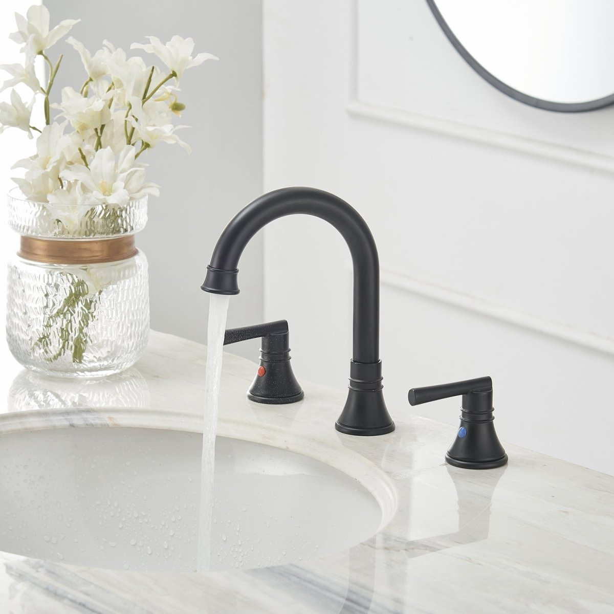 J-Spout 8 in 2-Handle Bathroom Sink Faucet in Matte Black - buyfaucet.com