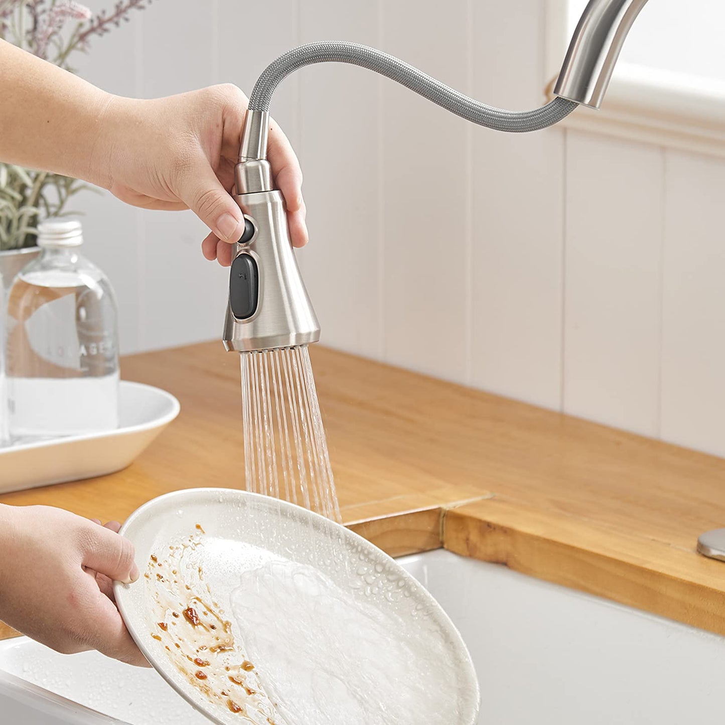 Pull-Down 3 Sprayers Kitchen Faucet Brushed Nickel - buyfaucet.com