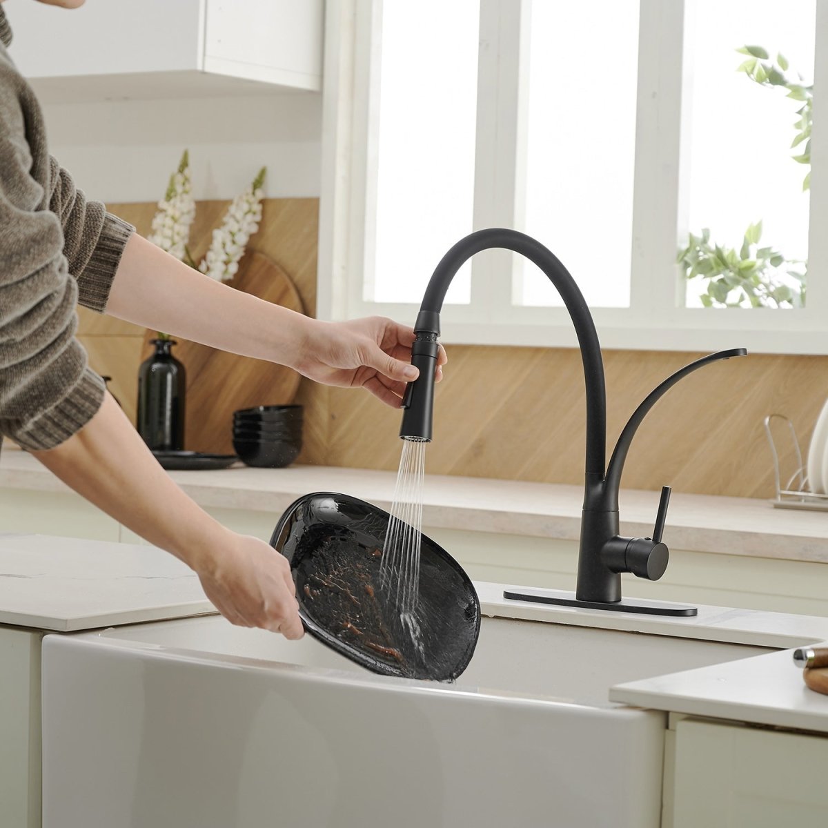 Pull Down Kitchen Sink Faucet with Deck Plate Matte Black - buyfaucet.com