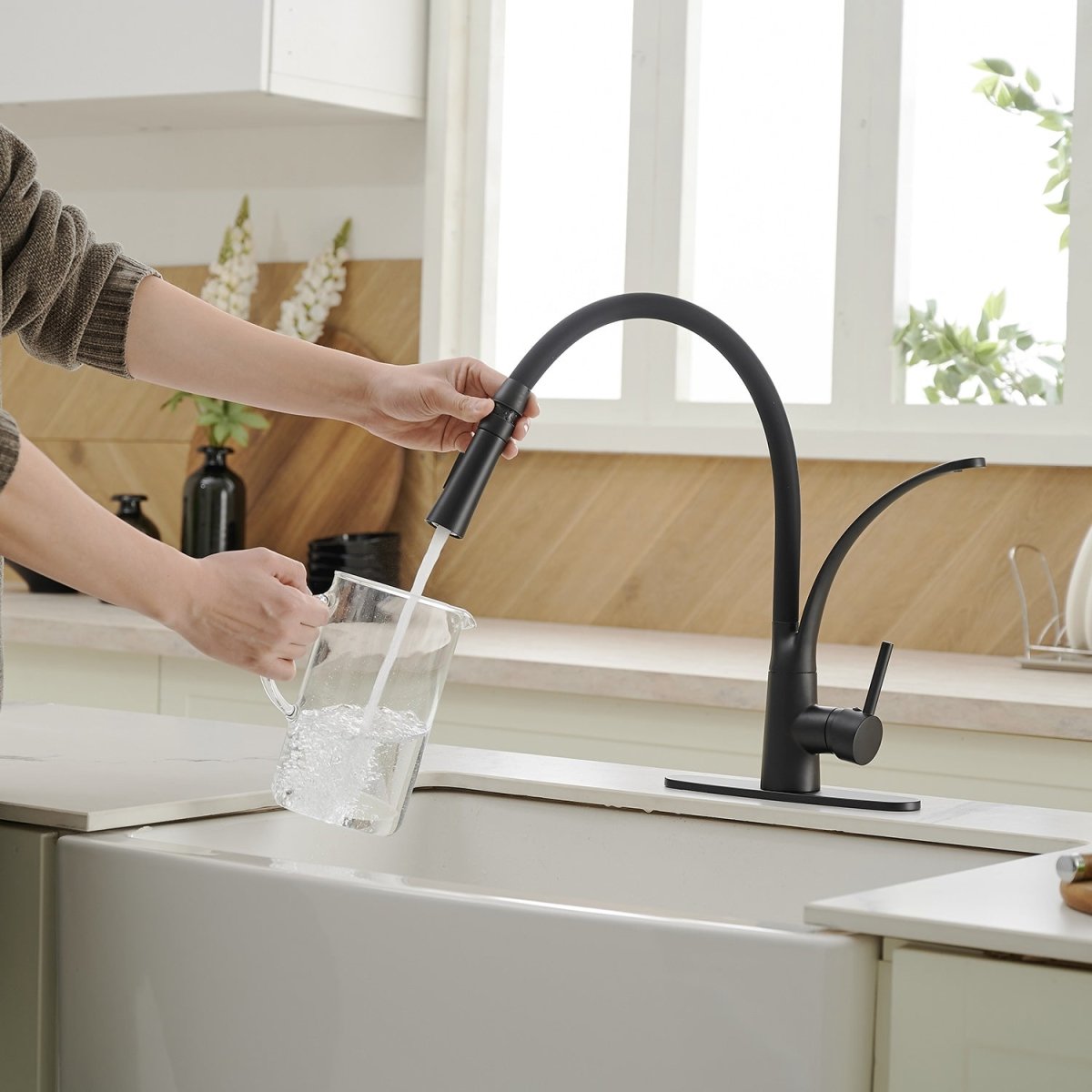 Pull Down Kitchen Sink Faucet with Deck Plate Matte Black - buyfaucet.com