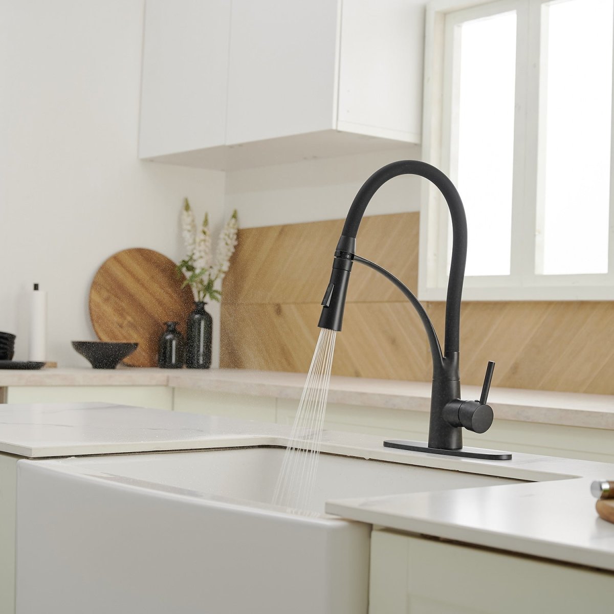 Pull Down Kitchen Sink Faucet with Deck Plate Matte Black - buyfaucet.com