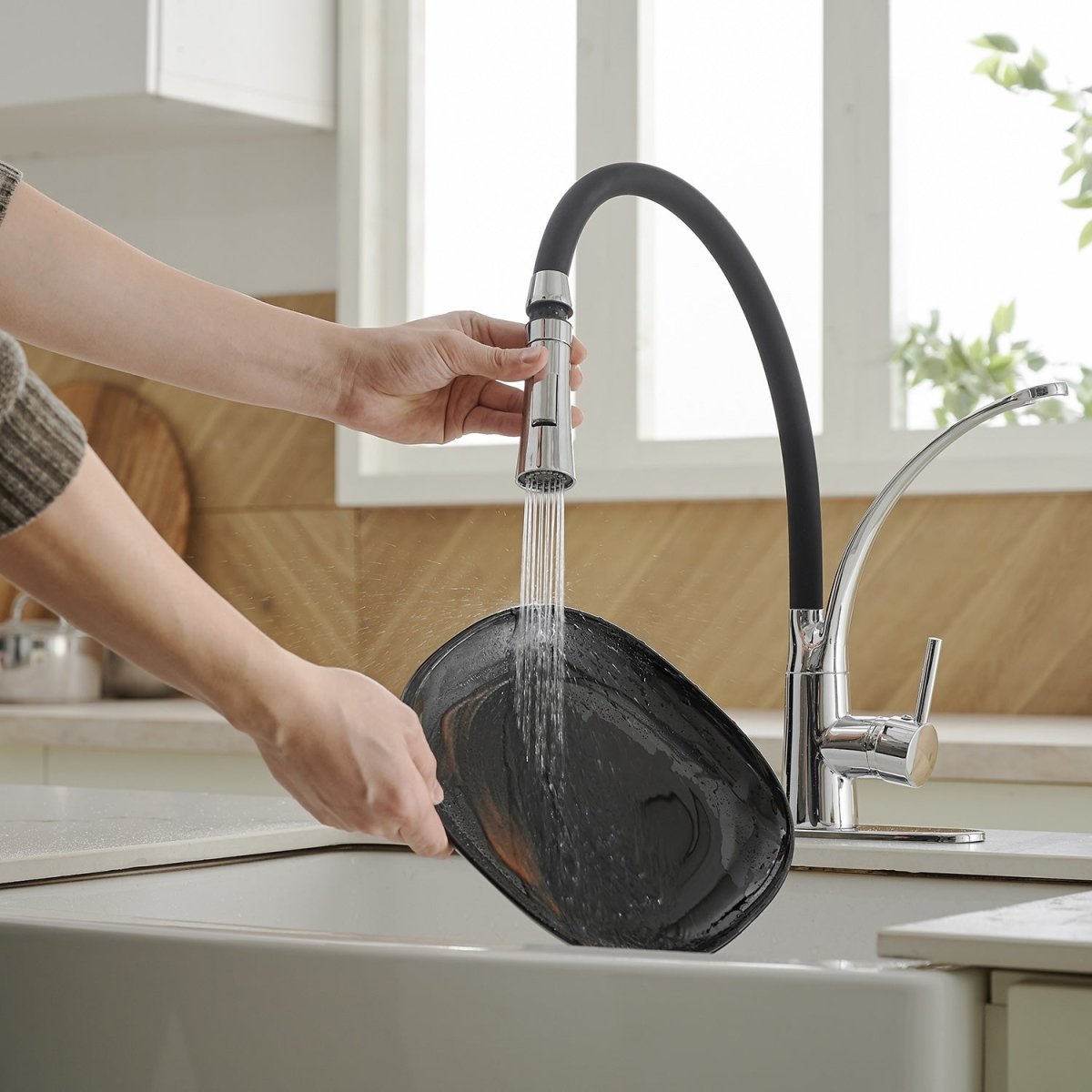 Pull Down Kitchen Sink Faucet with Deck Plate Polished Chrome - buyfaucet.com