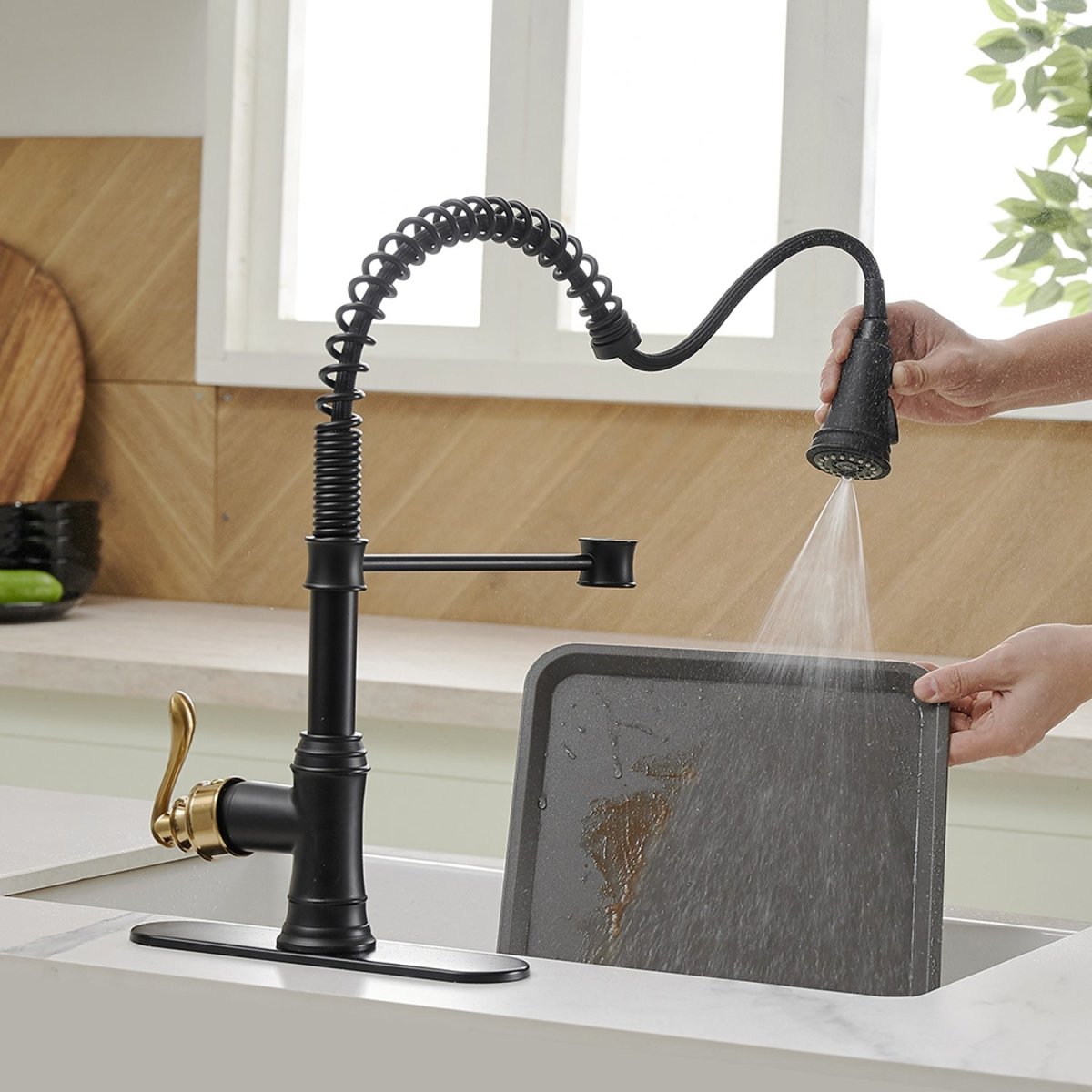 Single-Handle Faucet With Deck Plate in Matte Black & Gold-1 - buyfaucet.com