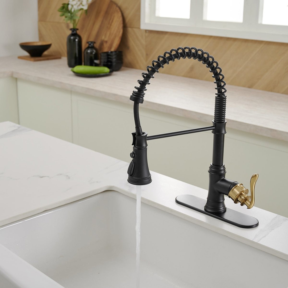 Single-Handle Faucet With Deck Plate in Matte Black & Gold - buyfaucet.com