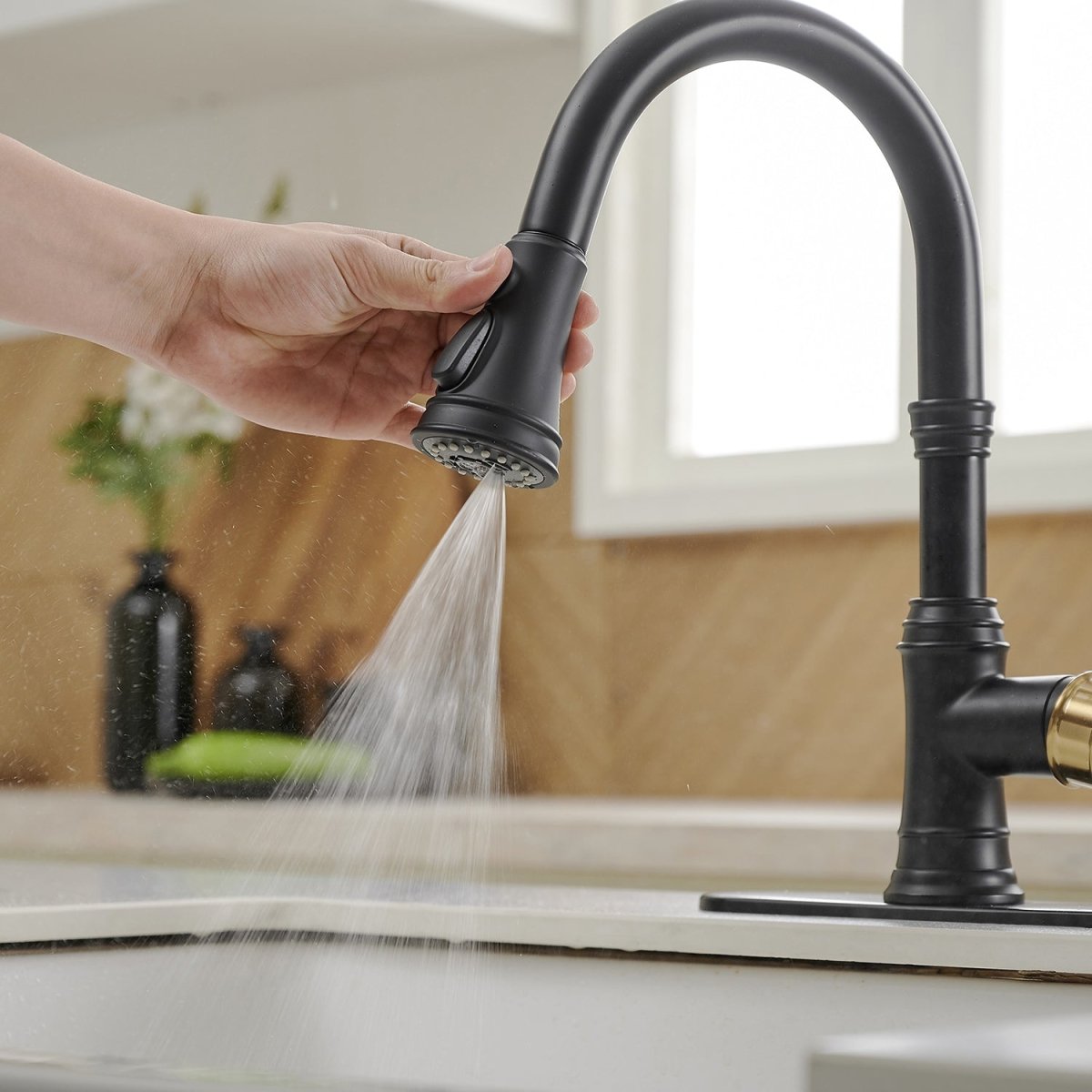 Single-Handle Faucet With Deck Plate in Matte Black & Gold - buyfaucet.com