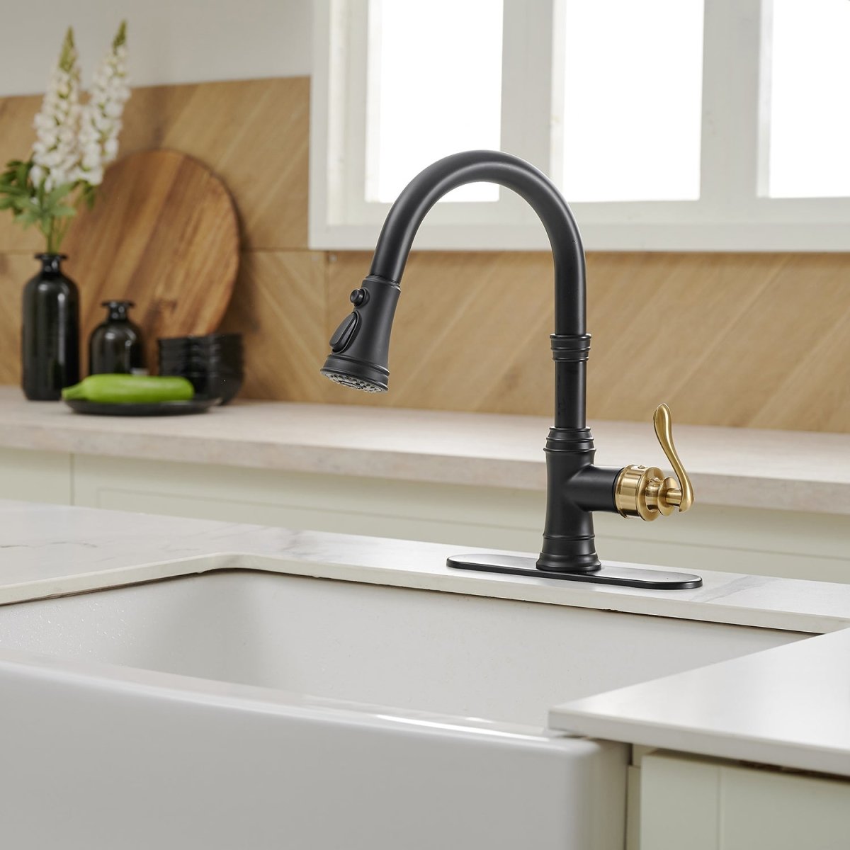 Single-Handle Faucet With Deck Plate in Matte Black & Gold - buyfaucet.com