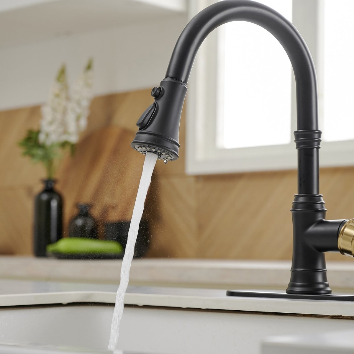 Single-Handle Faucet With Deck Plate in Matte Black & Gold - buyfaucet.com