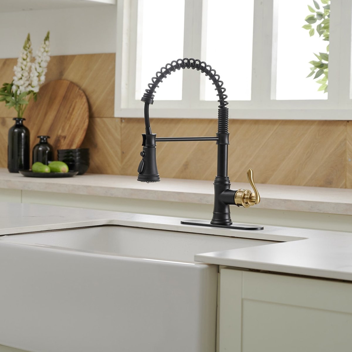 Single-Handle Faucet With Deck Plate in Matte Black & Gold - buyfaucet.com