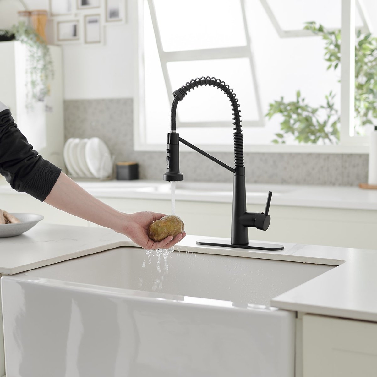 Single-Handle Kitchen Faucet with Deck Plate in Matte Black - buyfaucet.com