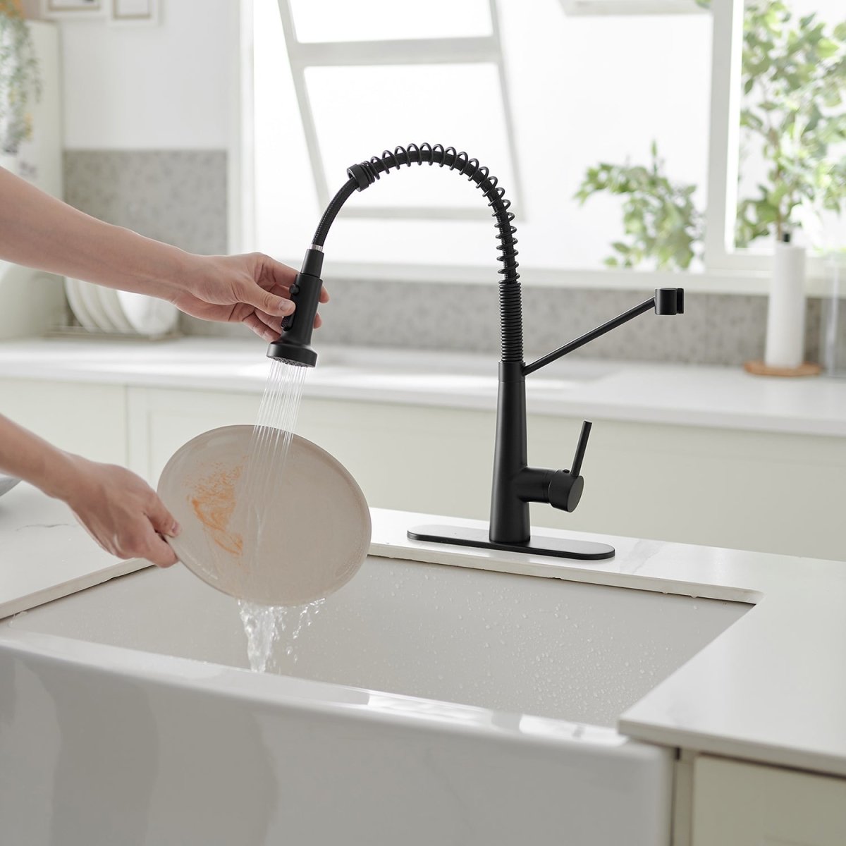 Single-Handle Kitchen Faucet with Deck Plate in Matte Black - buyfaucet.com
