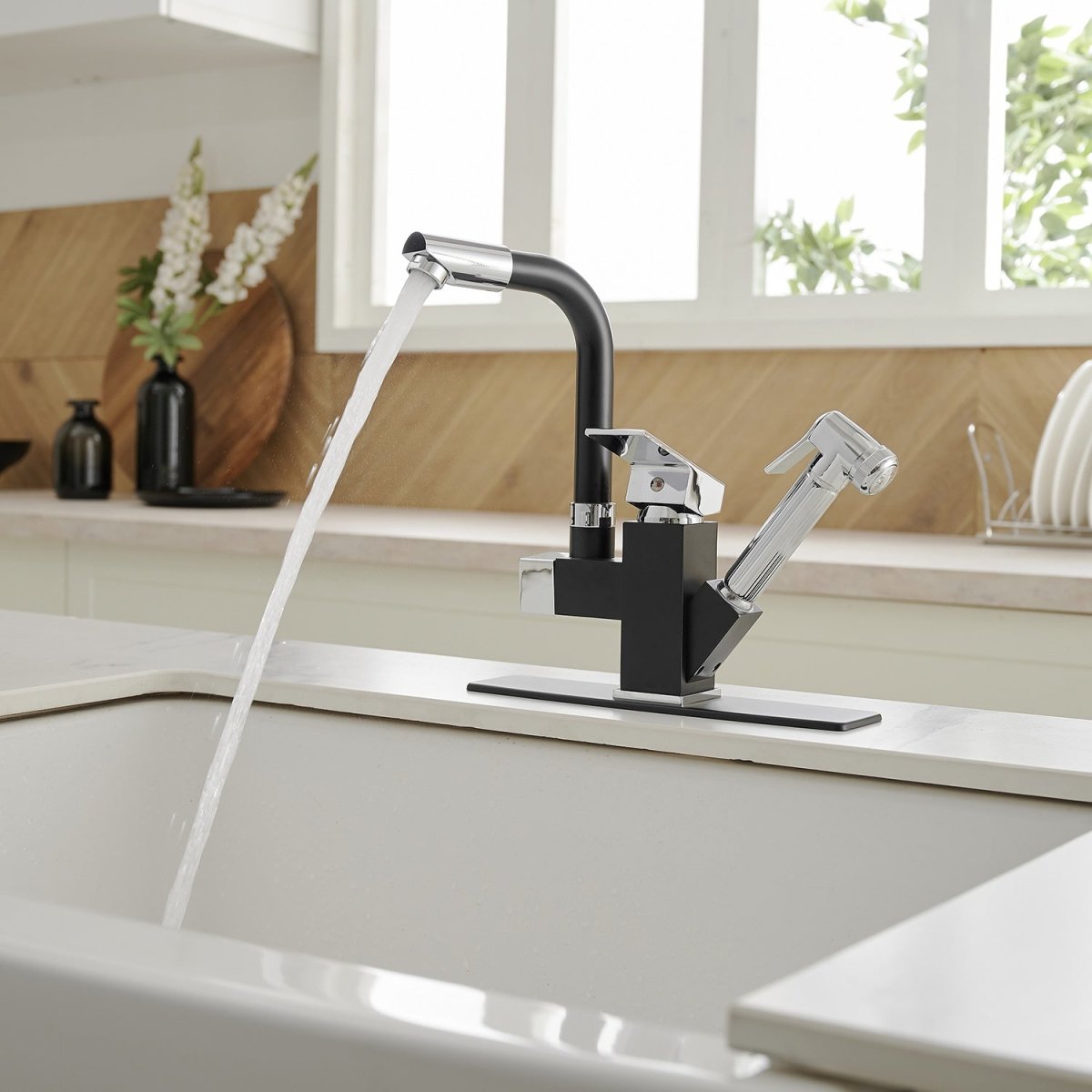 Single Handle Kitchen Faucet with Two Sprayers Black Chrome - buyfaucet.com