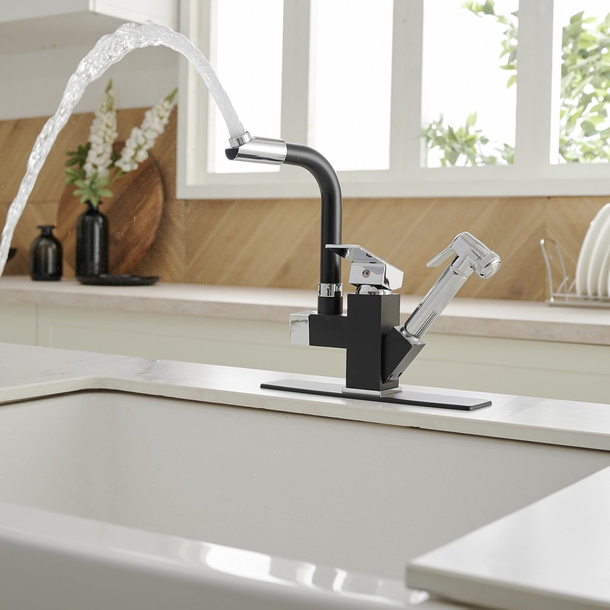 Single Handle Kitchen Faucet with Two Sprayers Black Chrome - buyfaucet.com