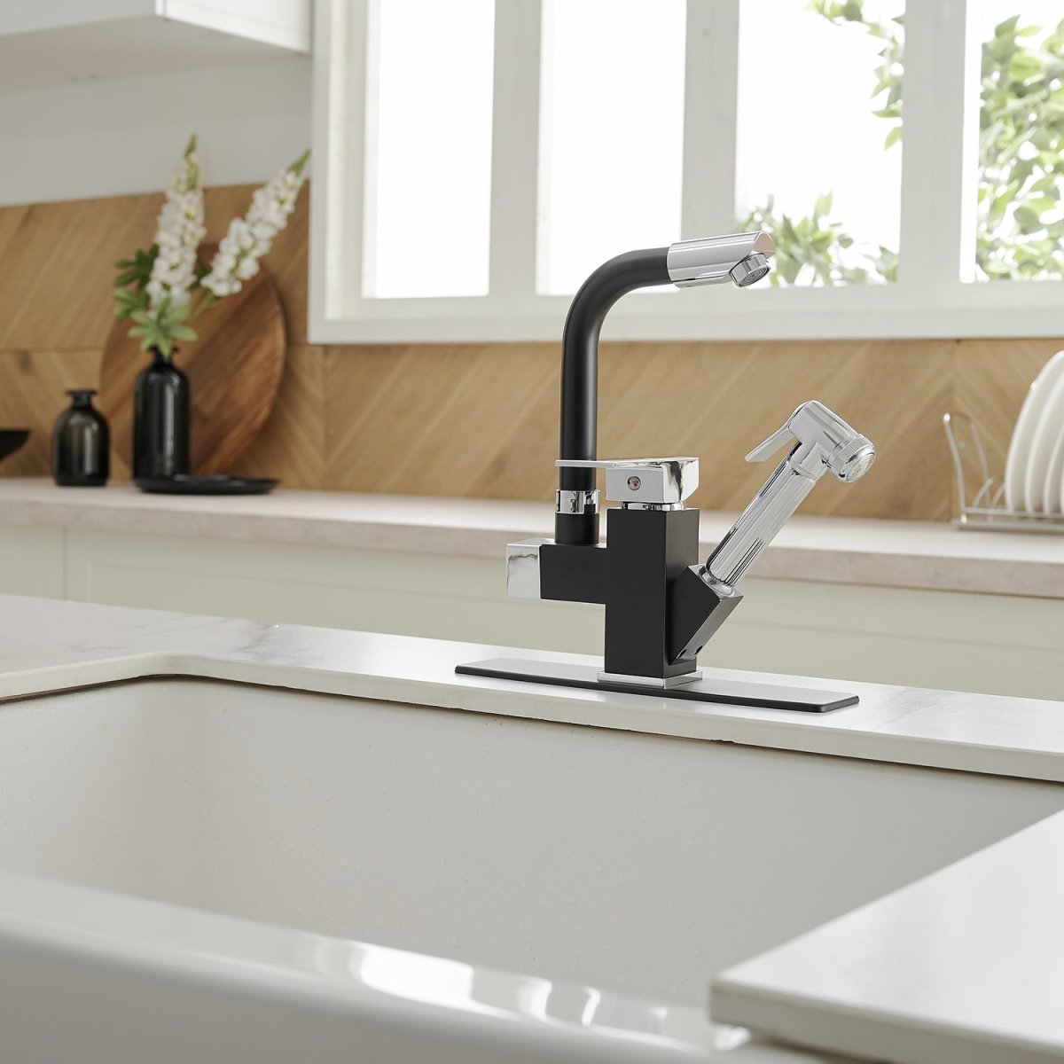 Single Handle Kitchen Faucet with Two Sprayers Black Chrome - buyfaucet.com
