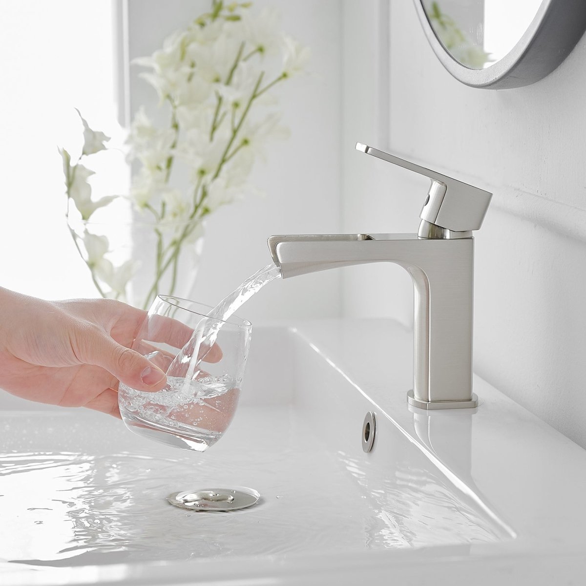 Single Handle Low-Arc Modern Bathroom Faucet Brushed Nickel - buyfaucet.com