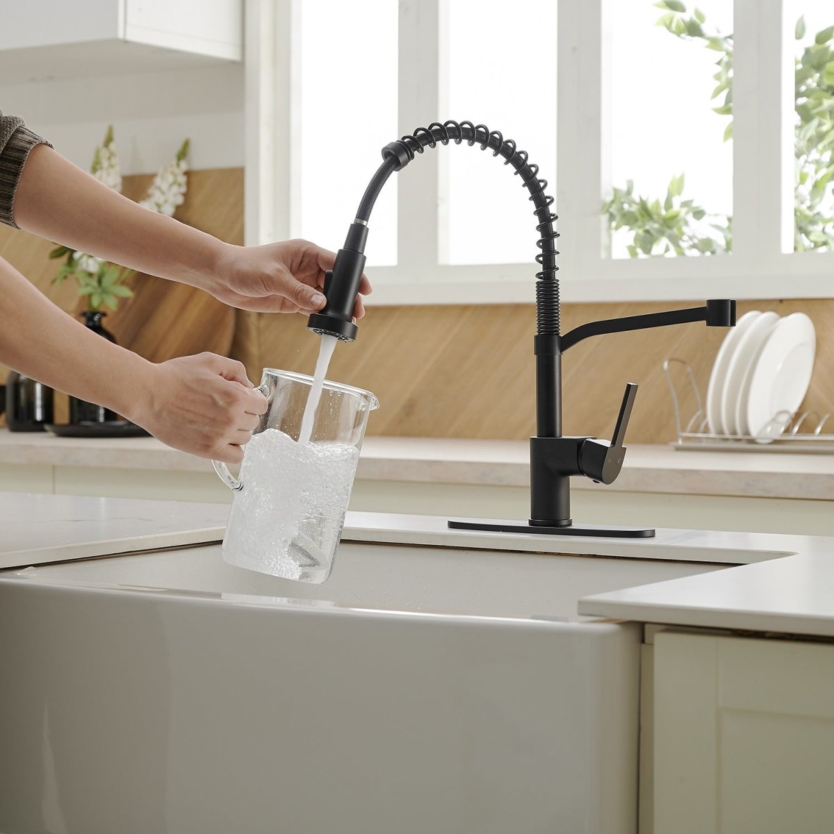 Single Handle Pull Down Kitchen Faucet with Deck Plate Black - buyfaucet.com